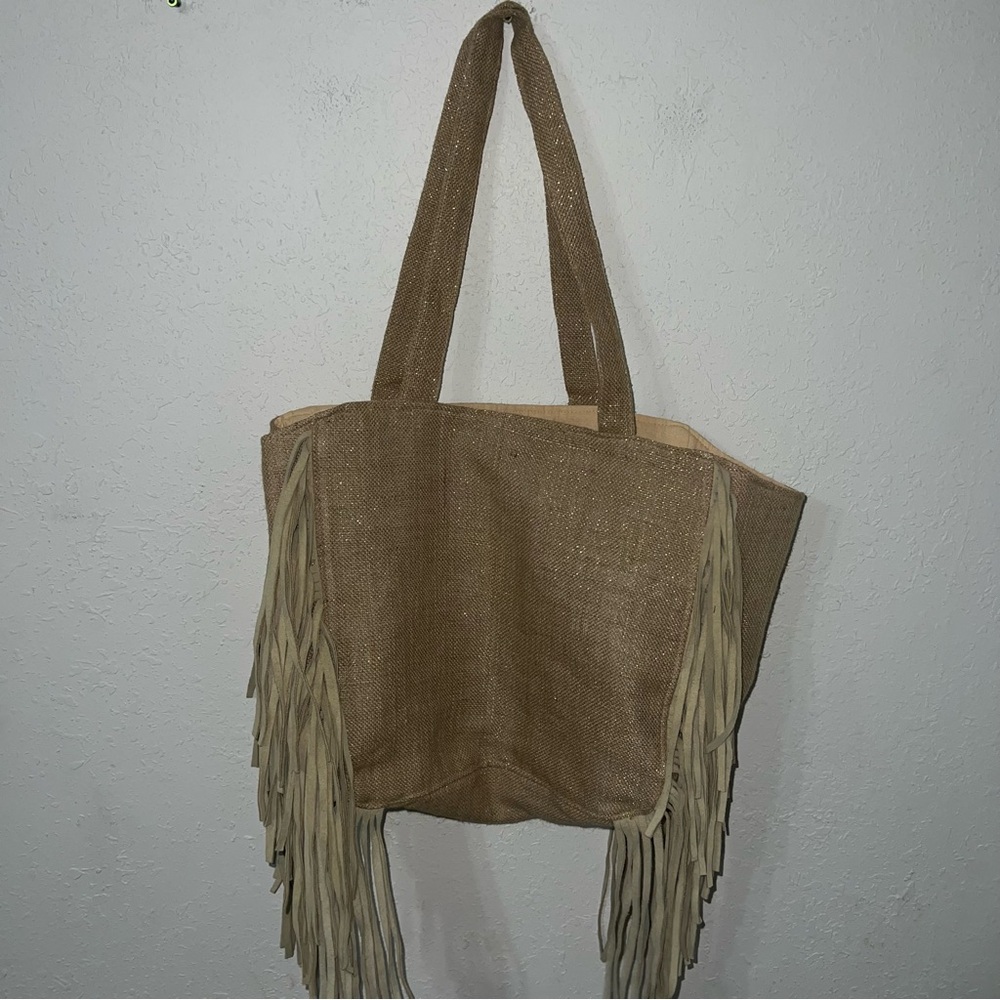 Muche et Muchette Tan/Gold Jute Suede
Fringe Accented Tote - Picture 12 of 14